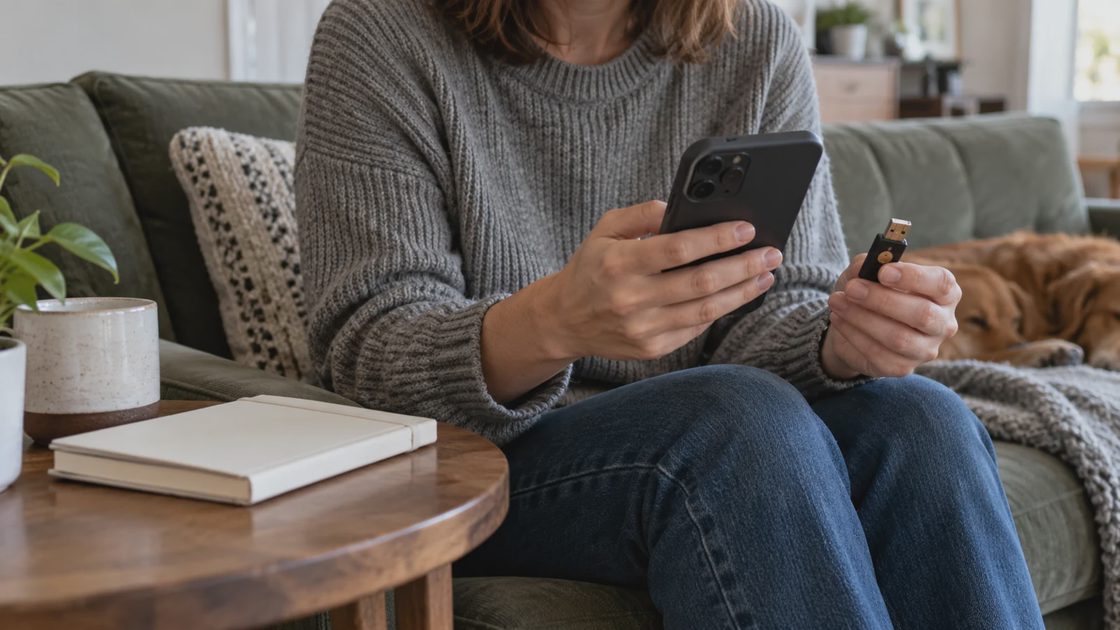Prepare independent access before leaving Facebook A person holding a smartphone and a physical security key while seated on a couch.