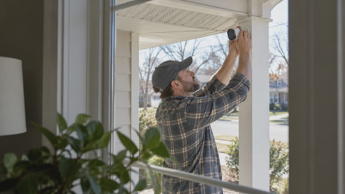 Blink Subscription: Practical check An adult checking a compact home camera near a porch doorway.