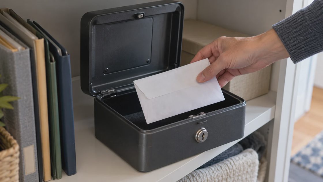 A hand placing a plain envelope inside a home lockbox beside document folders.
