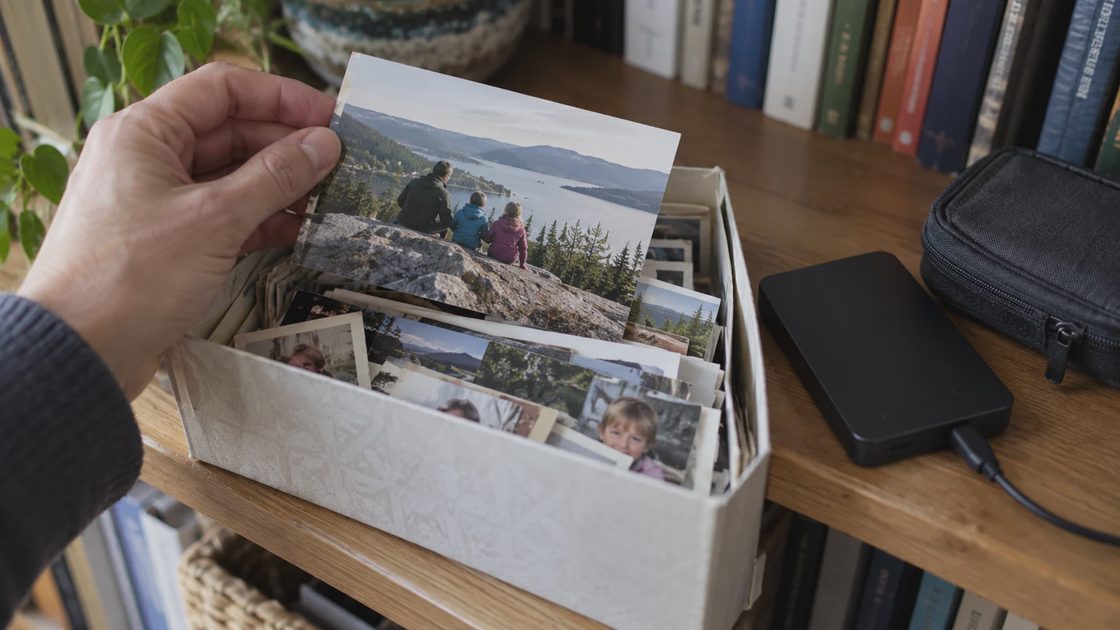 Check the memories you want to keep A hand inspecting a family photograph above a box of prints beside an external hard drive.