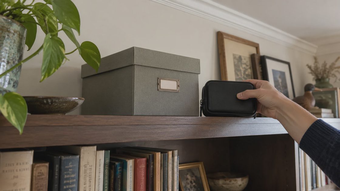 Cloud Photo Storage: Maintenance record A hand placing a small black storage case on a bookshelf beside an archive box.
