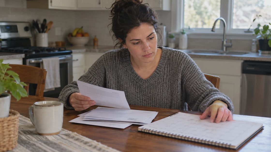 Blink Subscription: Maintenance record A woman reviewing paperwork and a notebook at a kitchen table.