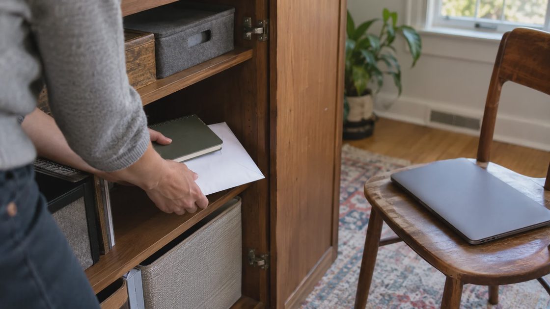 Family Password Storage Apps: Maintenance record A person placing papers and a notebook on a shelf beside a closed laptop.