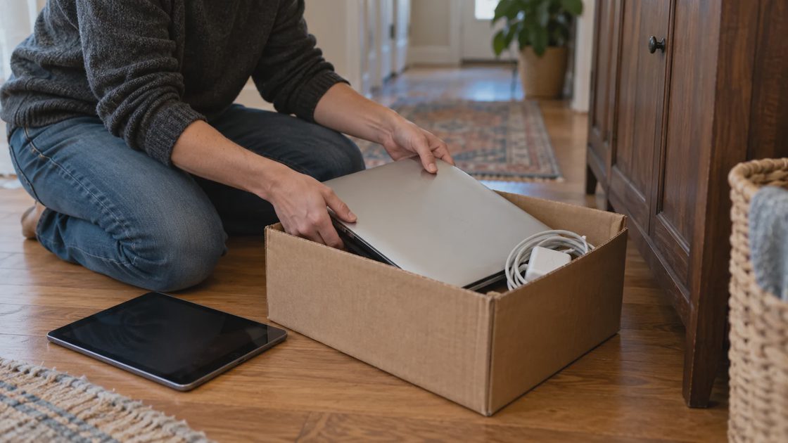 A person packing an old laptop and charging cable into a box beside a tablet.
