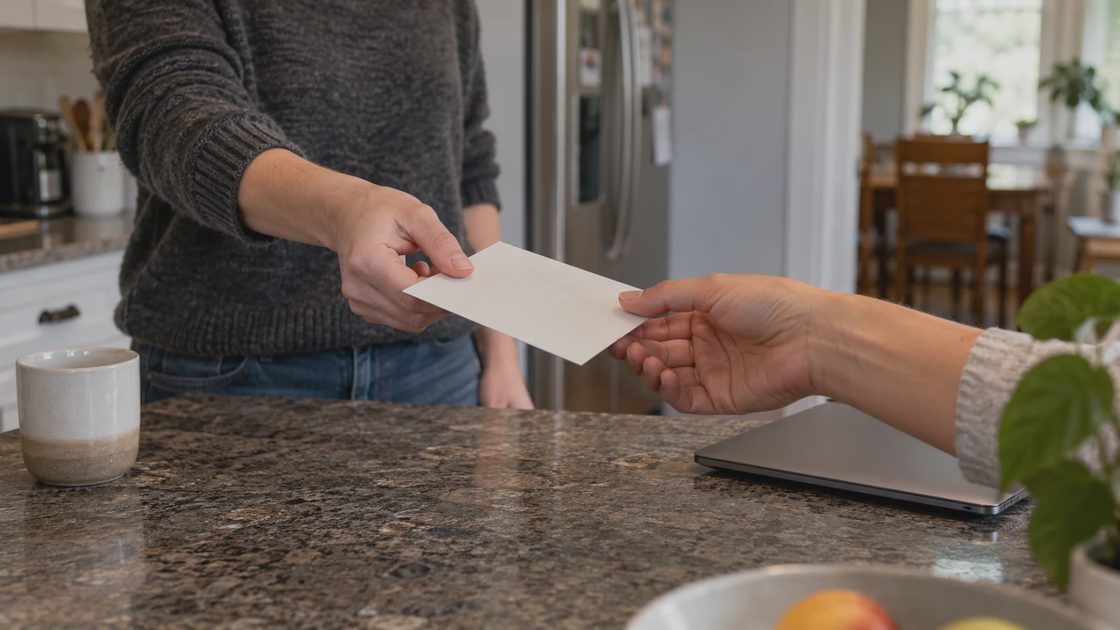 Family Password Storage Apps: Practical check One adult handing a plain white card to another across a kitchen counter.